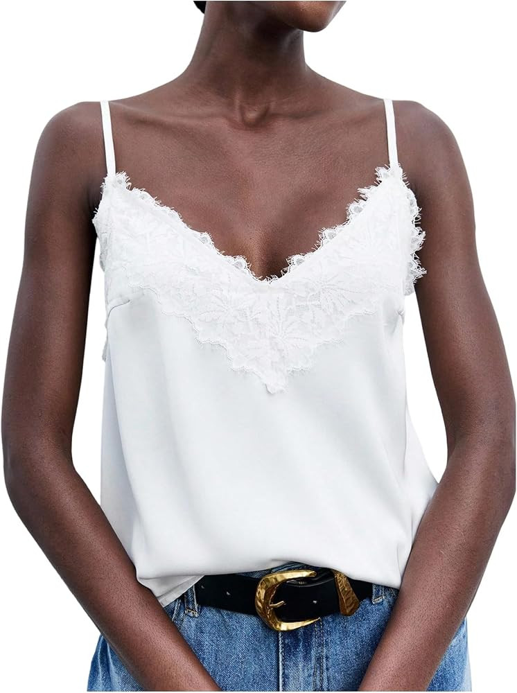 MakeMeChic Women's Satin Lace Tops Deep V Neck Spaghetti Strap Camisole Going Out Tops | Amazon (US)