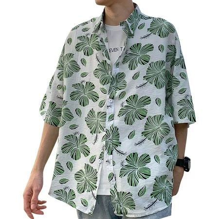GloryStarWomen Men Leisure Shirt Personality Loose Green Floral Printing Short Sleeve Retro Hawaii B | Walmart (US)