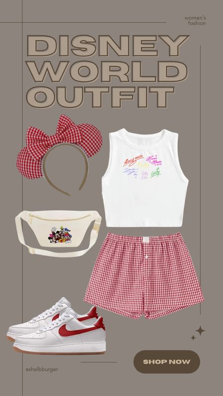 Disney World summer fashion outfit

Mickey and friends signatures crop top tank top
Women’s boxer shorts red plaid
Red gingham plaid Disney mouse ears
Mickey and friends Fanny pack
White and red Nike Air Force 1s

#LTKFindsUnder50 #LTKStyleTip #LTKTravel