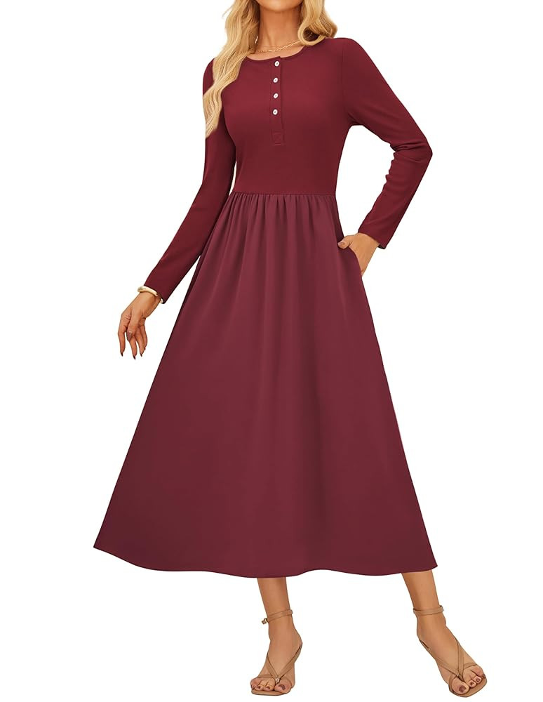 GRACE KARIN 2025 Fall Women's Long Sleeve Midi Dresses Patchwork Ribbed Knit Button Casual Flowy ... | Amazon (US)
