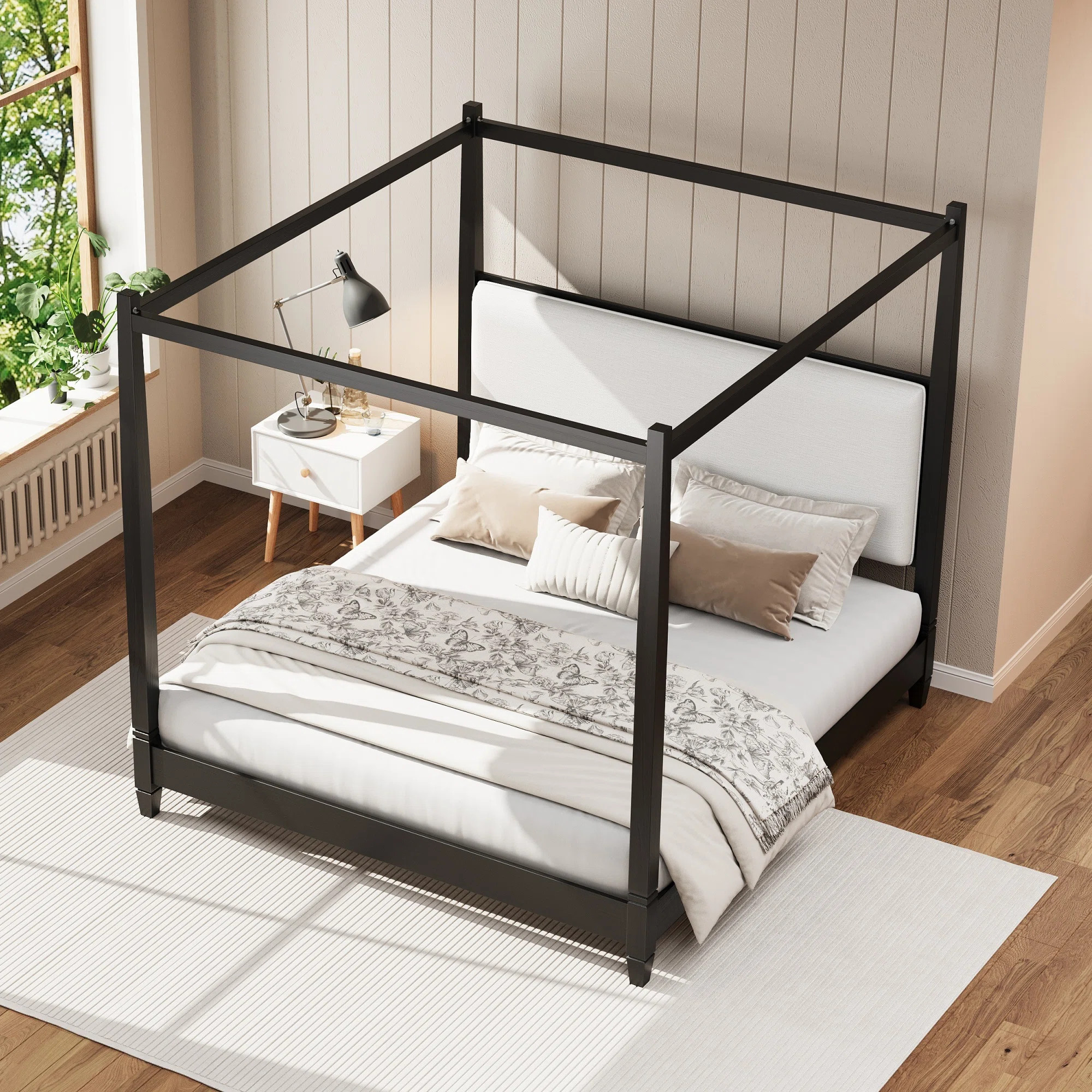 King Size Canopy Platform Bed with Upholstery Headboard,with Wooden Slat Support Legs,Black | Wayfair North America