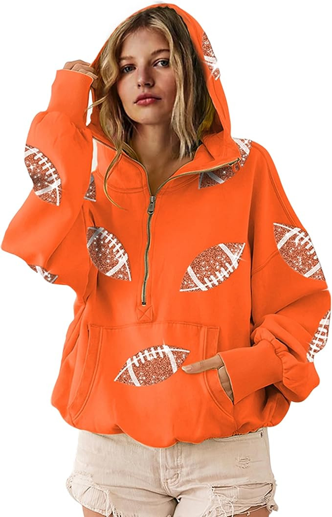 SeekMe Womens Game Day Sweatshirts Football Sequin Hoodies Tailgate Outfits Long Sleeve Zipper Sw... | Amazon (US)