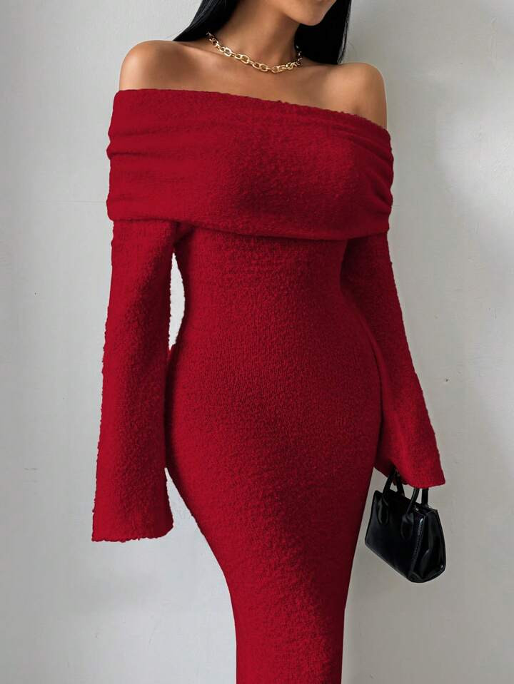 SHEIN Raffinéa 1pc Women Off-Shoulder Granular Texture White Wide Cuff Bodycon Straight Knitted ... | SHEIN