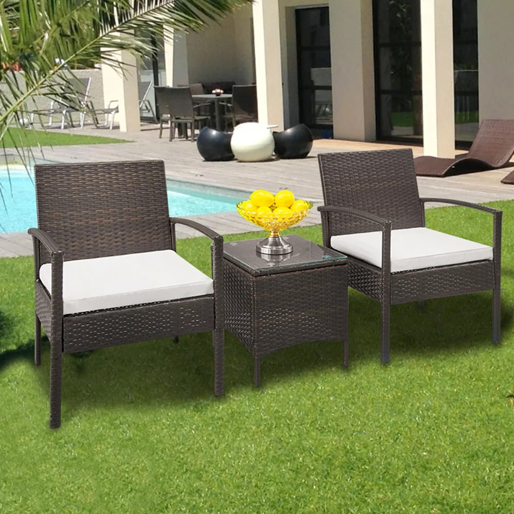 UBesGoo 3 Piece Outdoor Wicker Chat Set Capacity 330lbs Browm with Cushions - Walmart.com | Walmart (US)