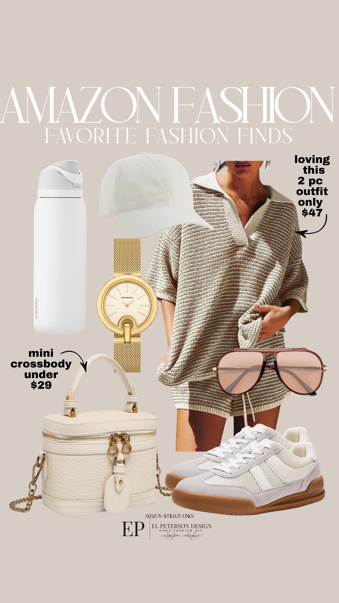 Amazon Fashion
2 piece outfit
Cap
Watch
Water tumbler
Purse
Sneakers
