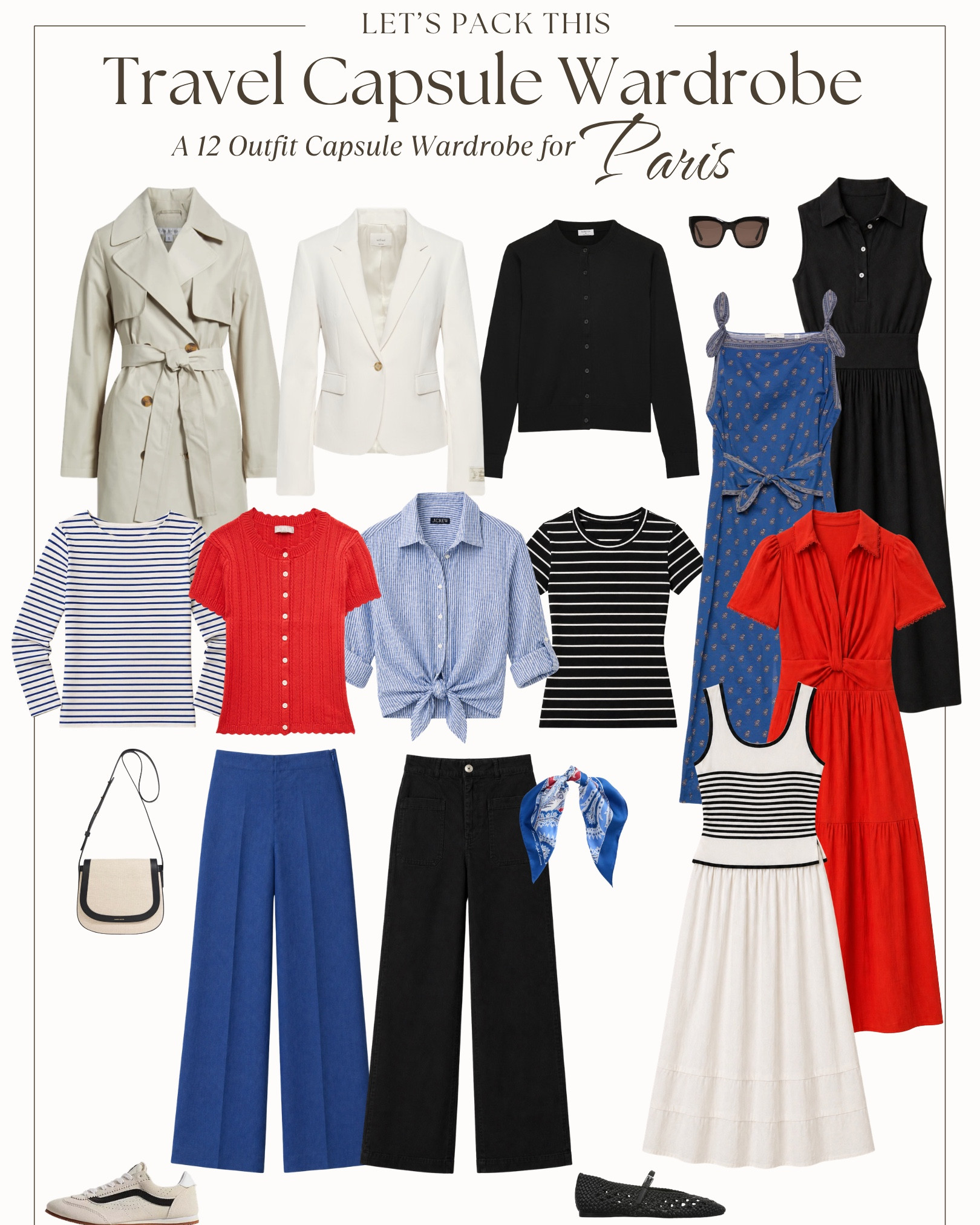 What to Pack for Paris (Spring → Summer)


This travel capsule wardrobe was designed for Paris from spring into summer—cool mornings, mild afternoons, and warmer days as the season shifts.

Expect daytime highs: spring (60s–70s°F) → summer (75–85°F).  Evenings can still feel cool, and light rain is always possible—so layers matter.

This capsule starts with polished layering pieces, then transitions into lighter, breathable outfits for warm days—perfect for walking the city, café stops, and dinners out.

Here’s your packing list for Paris:
• 4 tops
• 2 bottoms
• 4 dresses
• 3 outer layers (casual cardigan, dressy blazer, rain trench)
• 2 shoes (chic sneaker + versatile sandal/flat)
• Accessories (scarf, sunglasses, bag)

13 clothing pieces mix and match into 12+ outfits—and it all fits in your carry-on.

Not headed to Paris? This capsule also works for London, Amsterdam, Copenhagen, Brussels, and New York City.