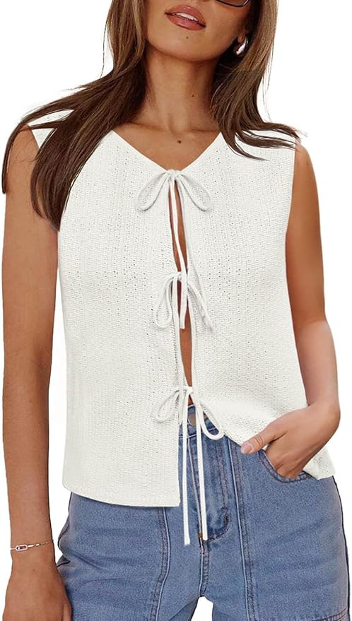 Yousify Women’s Tie Front Sweater Vest 2025 Summer Sleeveless Crochet Knit Tops Lightweight Car... | Amazon (US)