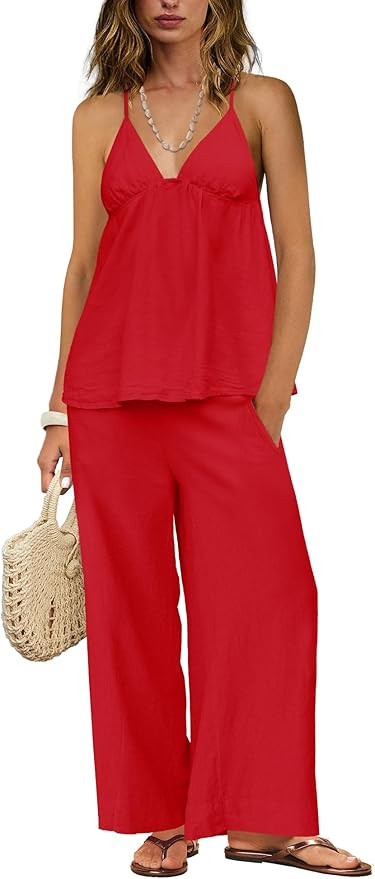 ReachMe Womens 2 Piece Linen Set Spaghetti Strap Top and Wide Leg Pants Set with Pockets Loungewe... | Amazon (US)