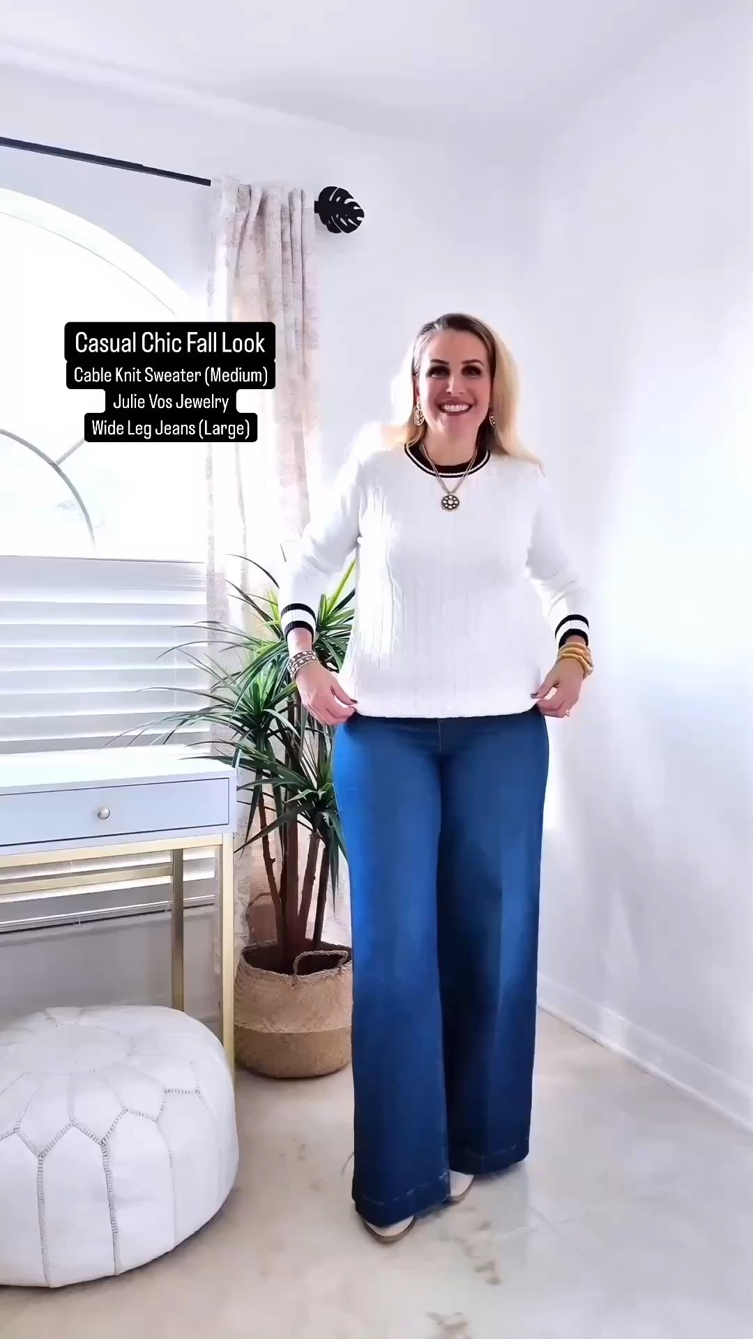 Here’s a casual chic fall look. My sweater is so soft and it’s on sale today! Total deal! Wearing a medium and fits true to size. 

Definitely want to buy it in another color. Several colors available and sizes available small-XXL.

Pair it with these wide leg jeans and Julie Vos jewelry!

Crew neck sweater (medium) 
Spanx Pull on jeans (large)
Julie Vos Jewelry

#LTKSeasonal #LTKOver40 #LTKSaleAlert #LTKTravel #LTKgrwm #LTKootd #LTKMidsize #LTKWorkwear #LTKvlog #LTKU