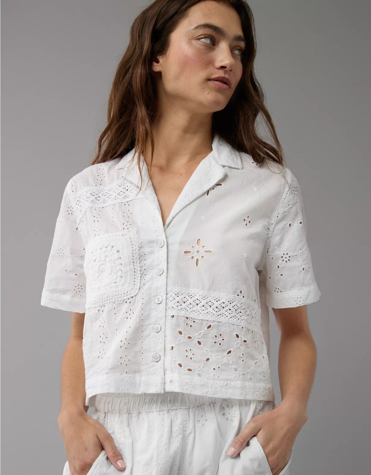 AE Cropped Eyelet Button-Up Shirt | American Eagle Outfitters (US & CA)
