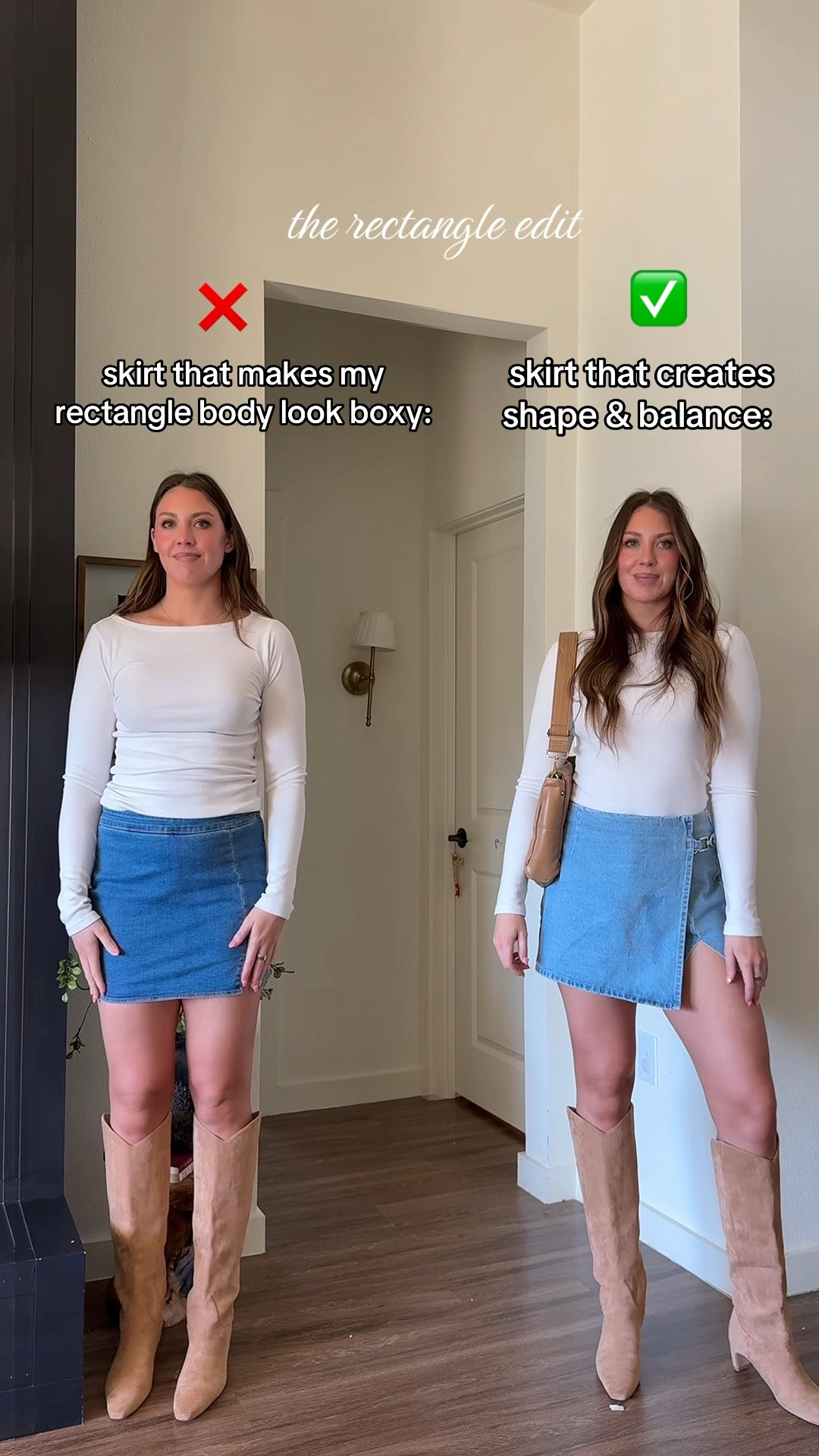 This asymmetrical denim skirt is SO much more flattering on a rectangle body type 👏🏼 instantly creates shape & balance without trying too hard ✨ I have a feeling this one will sell out fast for summer 🤍

I’m 5’10 wearing a medium in skirts and small tall in top