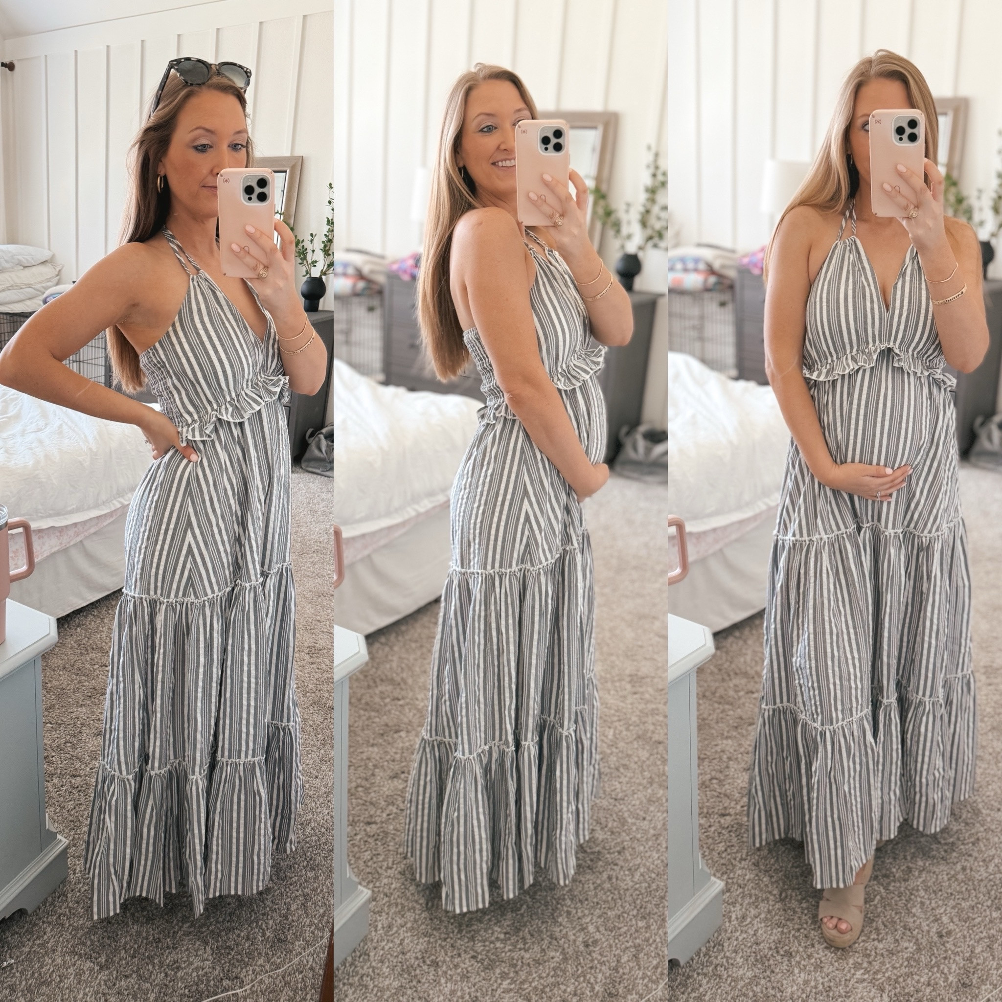 Summer maxi dress / 4th of July dress / bump friendly summer dress for a summer pregnancy / pregnant / blue and white stripe halter dress

#LTKBaby #LTKBump #LTKFindsUnder50