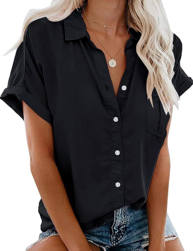 IECCP Button Down Shirts for Women Loose V Neck Blouses Casual Roll Up Collared Tops with Pocket | Amazon (US)