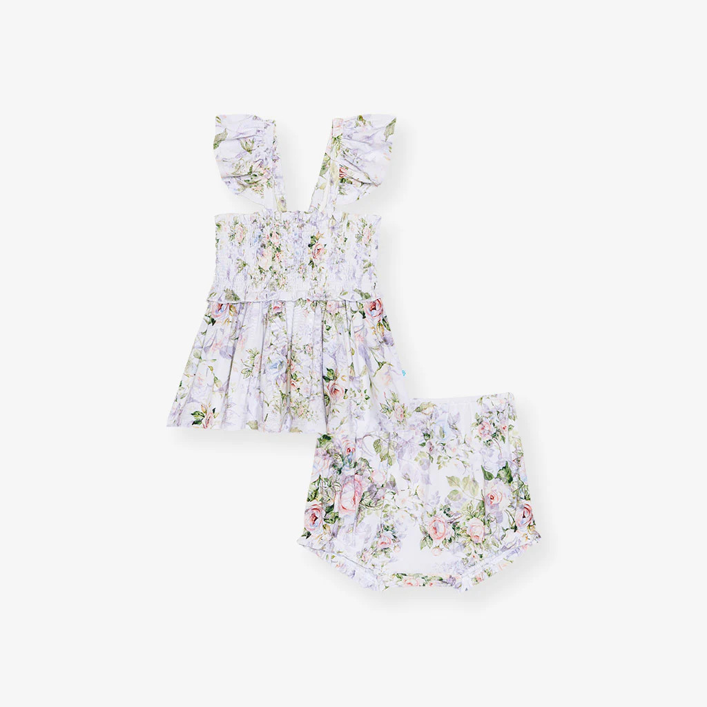 Floral White Flutter Dress Bummie Set | Vanna | Posh Peanut