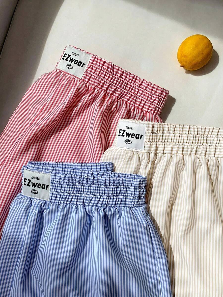 Comfortcana 3pcs/Set Plus Size Women Striped Casual Business Casual Shorts, Red Beige Blue And Wh... | SHEIN