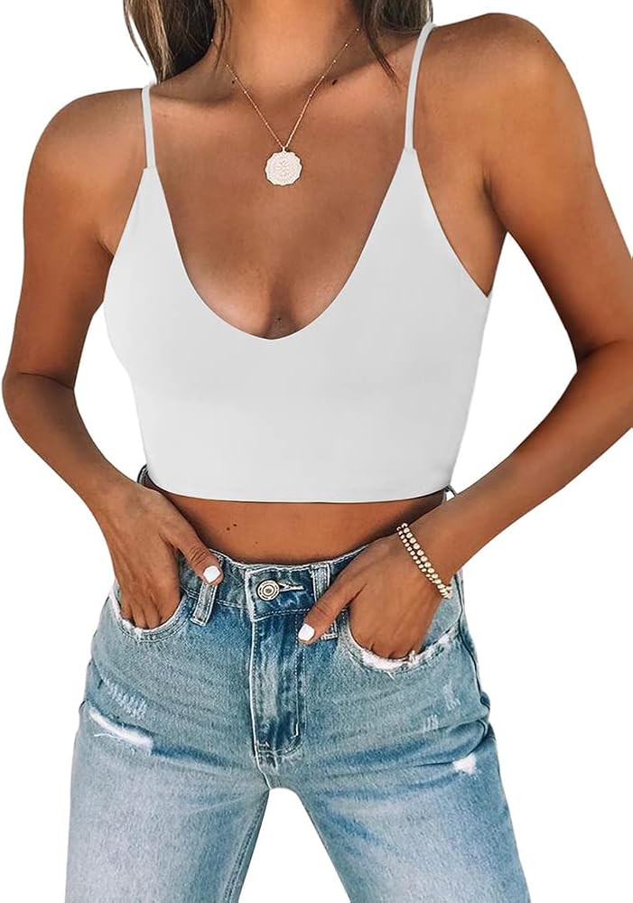 REORIA Sexy cuello redondo ajustable con tirantes delgados, doble forro, sin costuras, camiseta d... | Amazon (US)