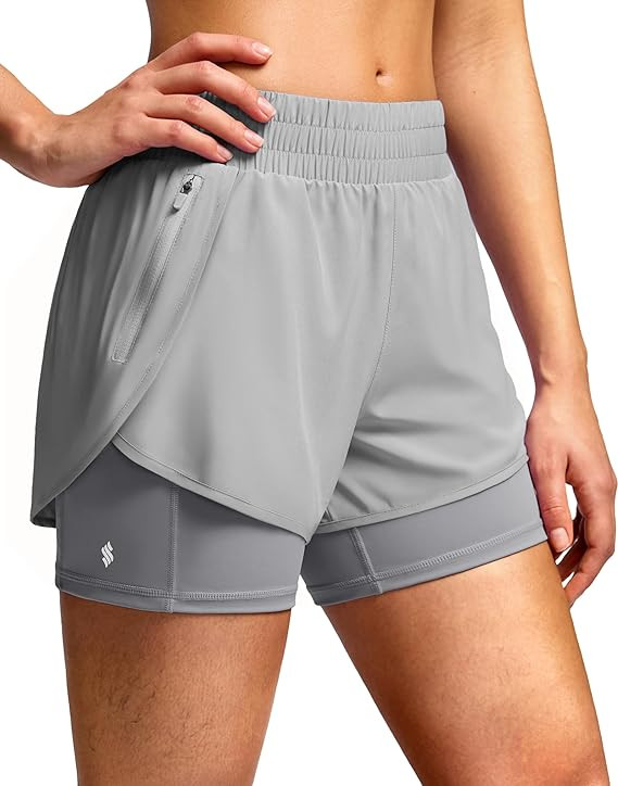 Soothfeel Women's 2 in 1 Athletic Running Shorts with Liner Zipper Pocket 5" High Waisted Gym Wor... | Amazon (US)