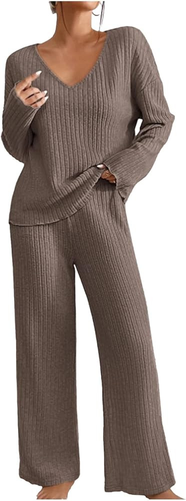 Generic Women's Casual Lounge Sets 2 Piece Outfits Rib Knit Tops and Wide Leg Pants Comfy Pajamas... | Amazon (CA)