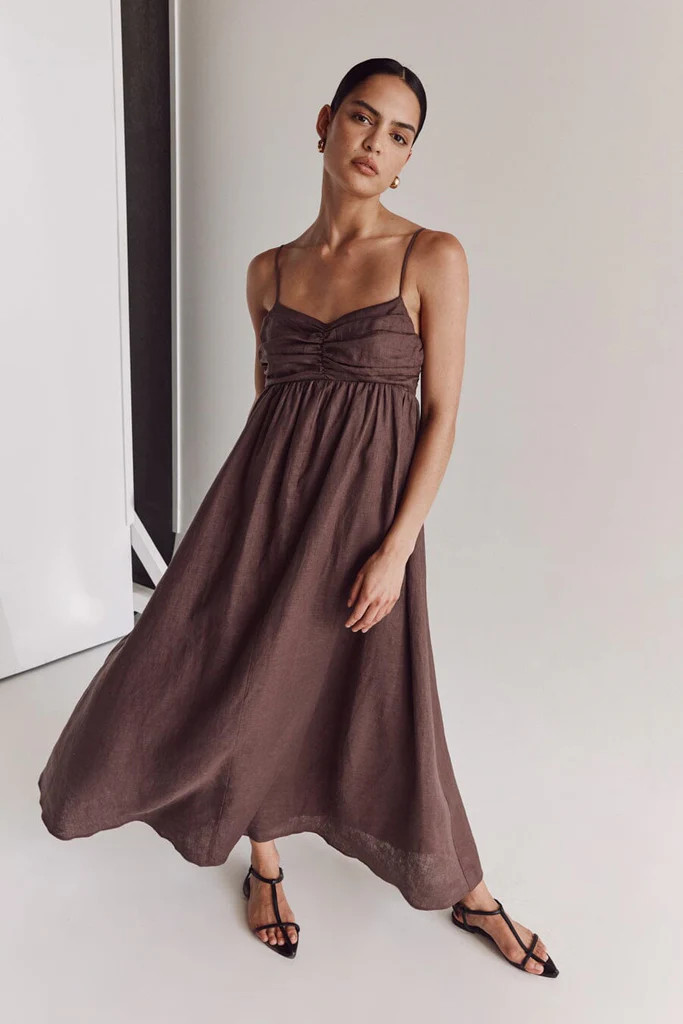 DALLAS CHOCOLATE LINEN MAXI DRESS | DISSH