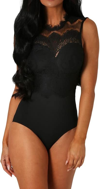 Womens Sexy Floral Sheer Lace Sleeveless Bodysuit Clubwear Tops, Black, Medium | Amazon (US)
