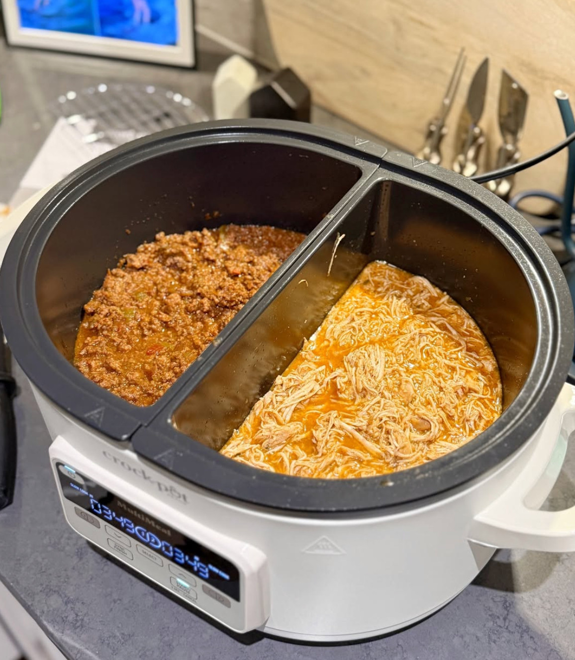 And just like that, I met my new favorite crockpot! I love that I can cook two things at once [different temperature controls even!] Last night I made ground beef and shredded chicken for tacos, but there are SO many things you could do with this -- here are a few:
1. Pulled Pork + Mac and Cheese
2. French Toast Casserole + Hashbrown Casserole
3. Regular Chili + White Chicken Chili 

 #LTKHoliday #LTKfoodie #LTKSeasonal