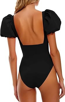 LANNEW Womens One Piece Swimsuit High Cut Swimwear Square Neck Bathing Suits Puff Sleeve Monokini... | Amazon (US)