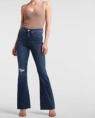 High Waisted Ripped Raw Hem Flare Jeans | Express