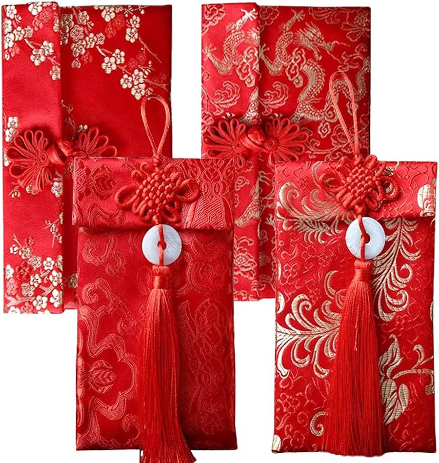 4 Pcs Silk Red Envelopes Lucky Money Pockets Hongbao Chinese Element Invitation Envelop for Weddi... | Amazon (US)