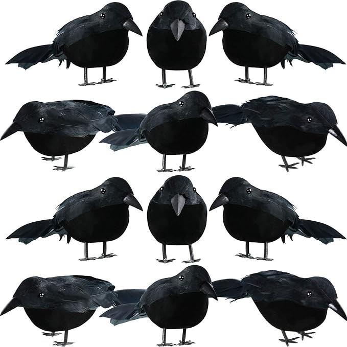 12 Pieces Halloween Black Feathered Crows Black Birds Props Decor Realistic Looking Halloween Bir... | Amazon (US)