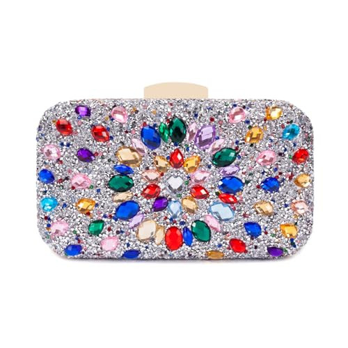 Hupifaz Gemstone Clutch Purses for Women Wedding Party, Rhinestone Purse Crystal Evening Bag for Women Evening (Colorful Silver) | Amazon (US)
