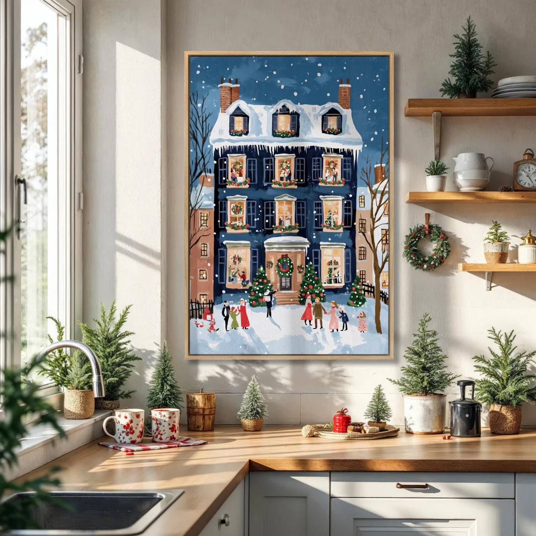 Festive Winter Holiday Scene Framed Canvas Wall Art Christmas Painting Print Cozy Holiday Decor W... | Etsy (US)