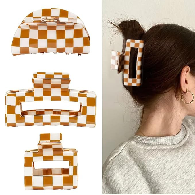 Brown & White Checkered Hair Clips, 3 Pack - Includes Square, Semicircle, and Rectangle Claw Clip... | Amazon (US)
