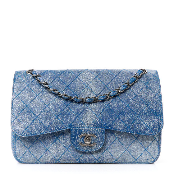 Crackled Calfskin Jumbo Double Flap Blue | FASHIONPHILE (US)