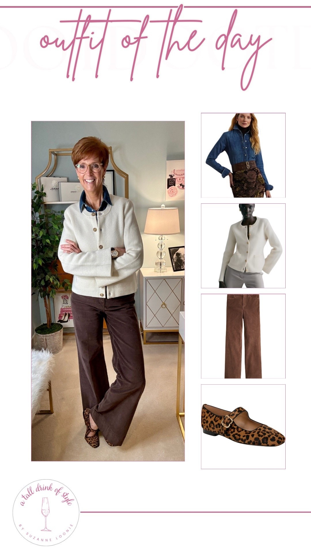 I’m a repeat offender — and I’m okay with it.

Follow, Like & Comment OOTD and I’ll send links right to your DM
 When it comes to timeless style, I’m all about rewearing what works. 
Today’s outfit is built on those repeat staples: a dark denim shirt, cream lady-jacket cardigan, wide-leg cords, and leopard print Mary Janes. 
It’s polished, classic, and totally wearable for everyday.
If you’re building a wardrobe that feels effortless (not endless), this series is for you. Each week I’ll share an #OOTD reel with pieces that mix and match from my real-life closet — and I’ll link everything I can in my ShopMy storefront so you can shop smarter, not harder.

➡️ Save this for inspo next time you reach for your fall favorites. 💬 Tell me in the comments — are you a repeat offender too? 🔗 Tap the link in my bio to shop this look and more of my daily outfits.

#TimelessStyle #ClassicStyle #OOTDReel #FallOutfitIdeas #StyleOver40 #TallWomenStyle #CapsuleWardrobe #EffortlessChic #RepeatOffenderStyle #ShopMyLinks #EverydayOutfits #OutfitInspiration #WardrobeEssentials #StyleTips #SustainableStyle #OOTDInspo #FallFashionReel #RewearYourCloset #FashionOver40 #ATallDrinkOfStyle

#LTKStyleTip #LTKTall #LTKOver40