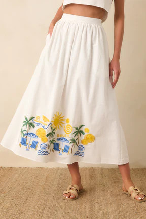 Paradisa Paradena White Multi Embroidered Cotton Blend Midi Skirt | Red Dress