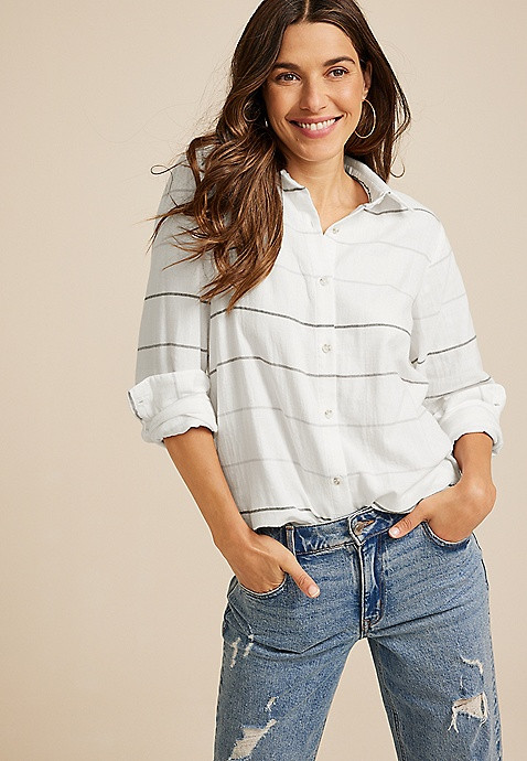 Striped Double Cloth Button Down Shirt | Maurices