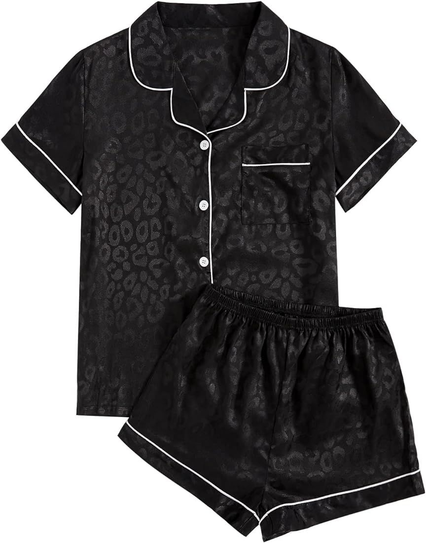 Verdusa Women's 2pc Satin Nightwear Button Front Sleepwear Short Sleeve Pajamas Set | Amazon (US)