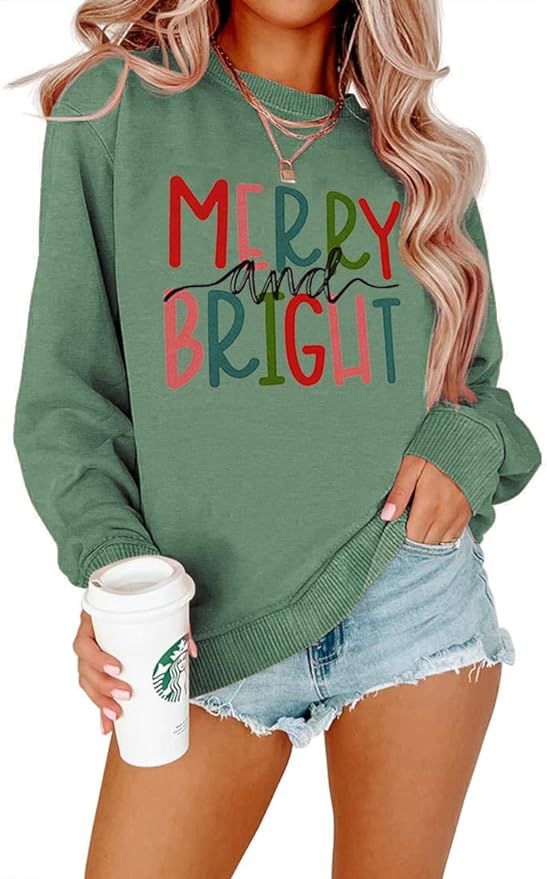 MODNTOGA Women's Merry and Bright Crewneck Sweatshirt Long Sleeve Merry Christmas Sweatshirt Retr... | Amazon (US)