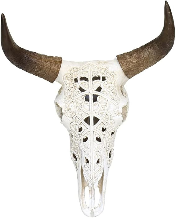 OTARTU White Tribal Design Carved Steer Skull Wall Hanging Sculpture, Cow Horn Skull 19 Inch Stee... | Amazon (US)