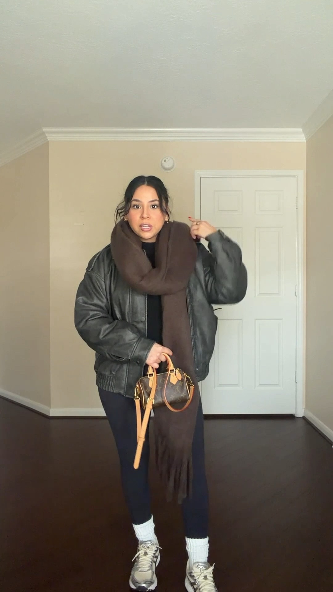 Jacket: small 
Leggings: small 
Sweater: small 
Wool scarf 
ASICS sneakers: 5 
White socks 
Nano speedy bag 

#LTKSeasonal #LTKActive #LTKFindsUnder100