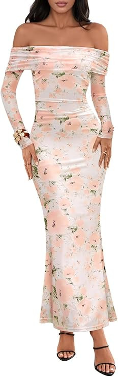 MEROKEETY Women's Fall Off Shoulder Floral Maxi Dresses Formal Long Sleeve Bodycon Cocktail Weddi... | Amazon (US)