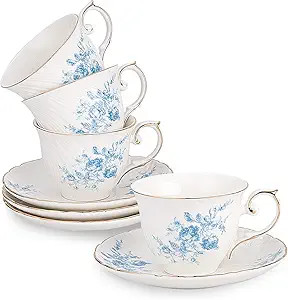 tea cups and saucers ceramic coffee mug 6oz for Coffee, Latte, Cafe Mocha and Tea-Set of 4,Blue | Amazon (US)