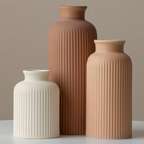 Large Modern Ceramic Vase Set, Coffee Ribbed Matte Design, 3-Piece Decorative Vases for Home, Liv... | Amazon (US)