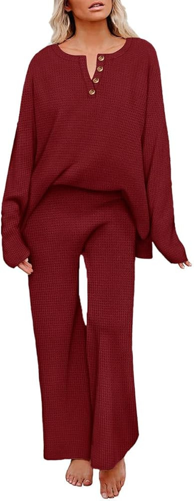 RITERA Plus Size Women 2 Piece Outfits Lounge Sets Knit Waffle Pullover Tops Wide Leg Pants Sweat... | Amazon (US)