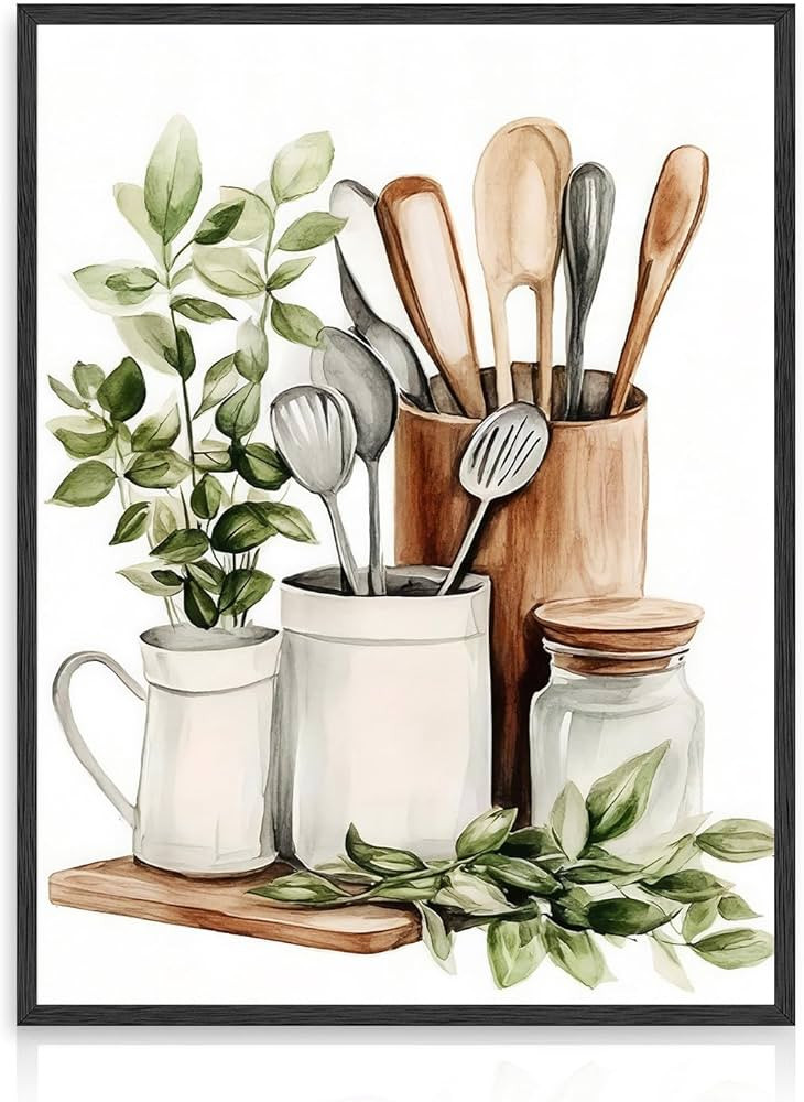 Watercolor Botanical Kitchen Wall Art Decor,Sage Green Eucalyptus Leaves and Kitchenware Wall Pos... | Amazon (UK)