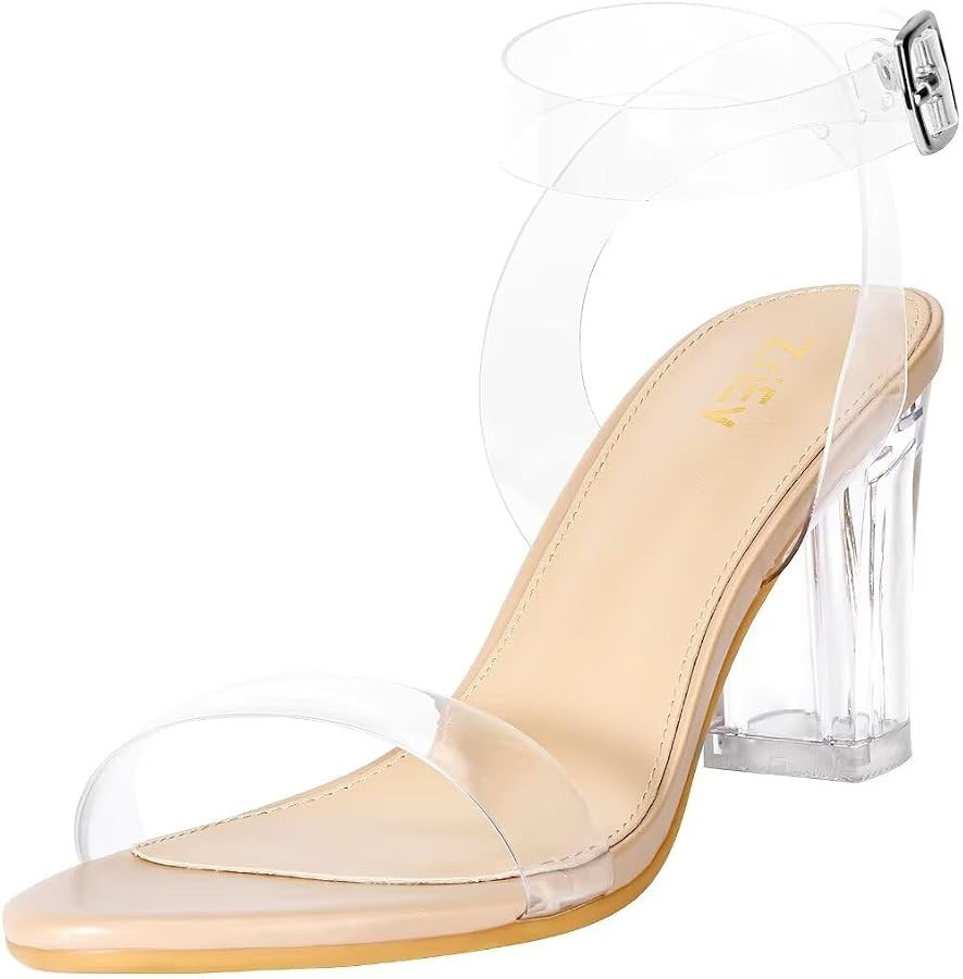 ZriEy Women's Clear Heels Chunky Block Mid High Heeled Sandals Open Toe Transparent Ankle Strap D... | Amazon (US)