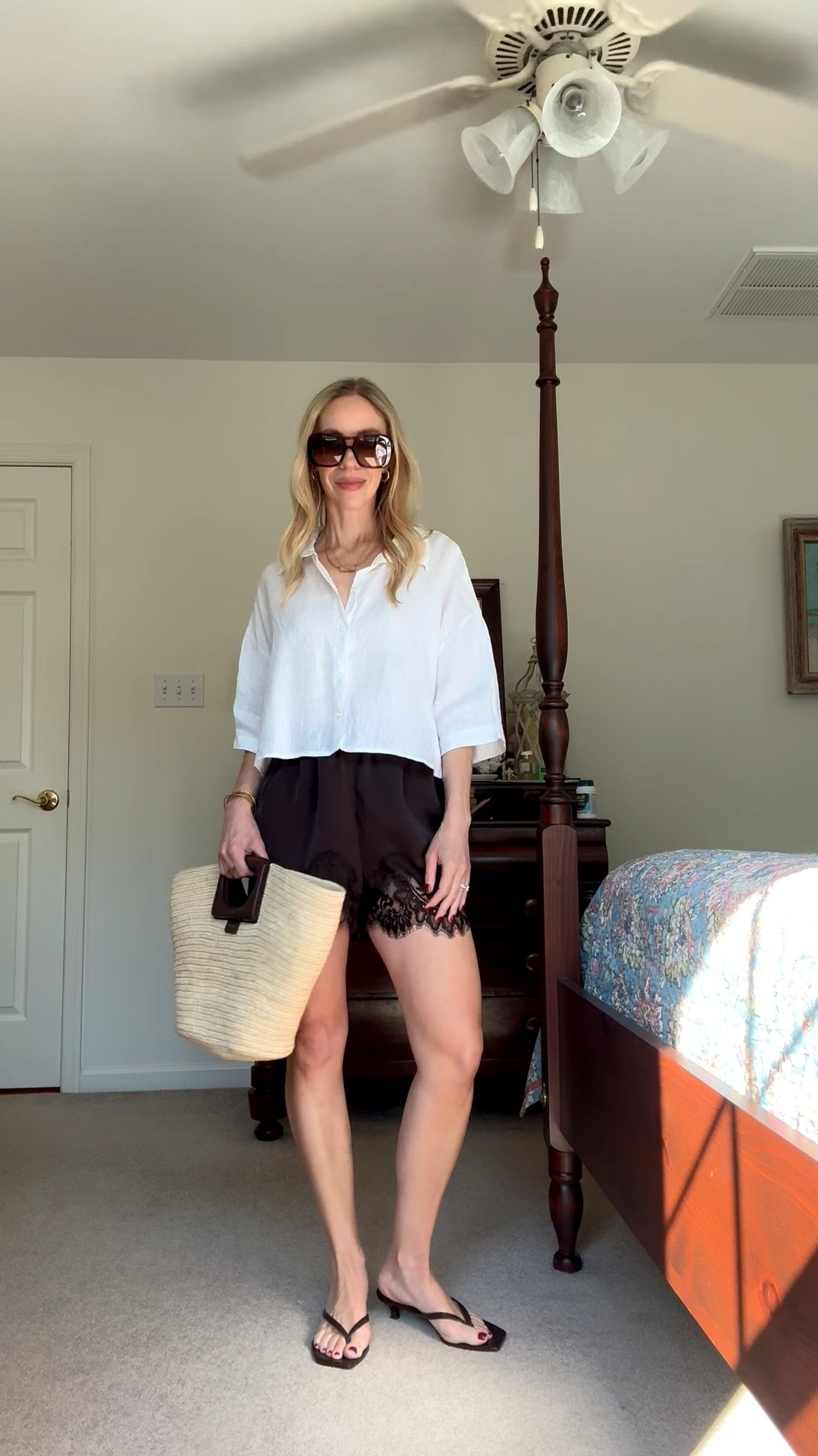 Styling lace shorts with cropped linen shirt, basket tote and kitten heel thong sandals

#LTKSeasonal #LTKOver40 #LTKSaleAlert