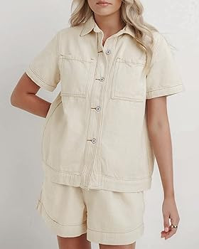 Kedera Summer Denim Set for Women 2 piece Casual Short Sleeve Boxy Shirt Tops and Shorts Pants Lo... | Amazon (US)