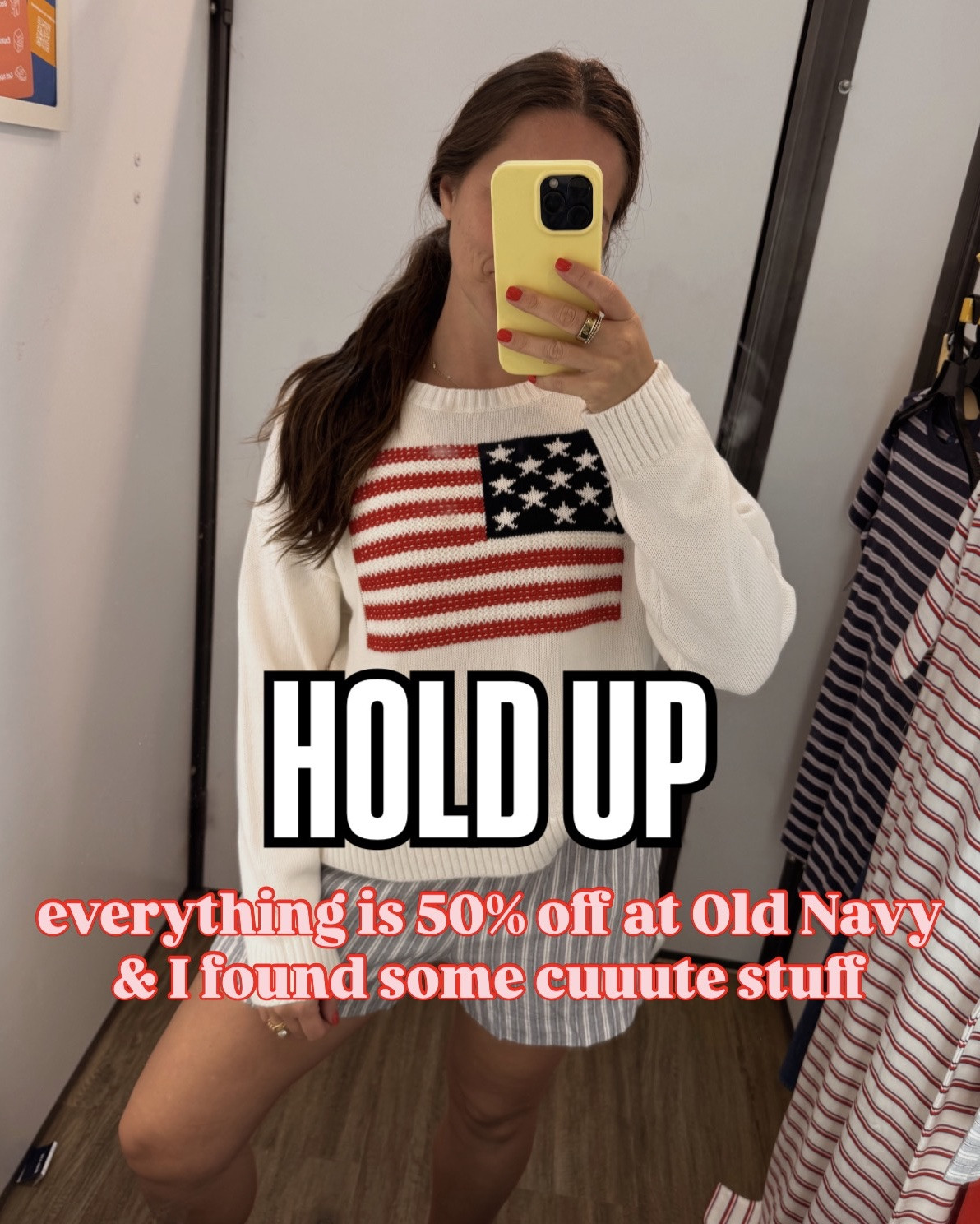 50% off everything at Old Navy!!  

Wearing small in everything but
Sized up to M in flag sweater
Sized up to M in tie dye tee

#LTKSaleAlert #LTKootd