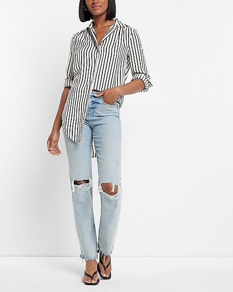 Tunic Pleated Shoulder Striped Button Up Shirt | Express